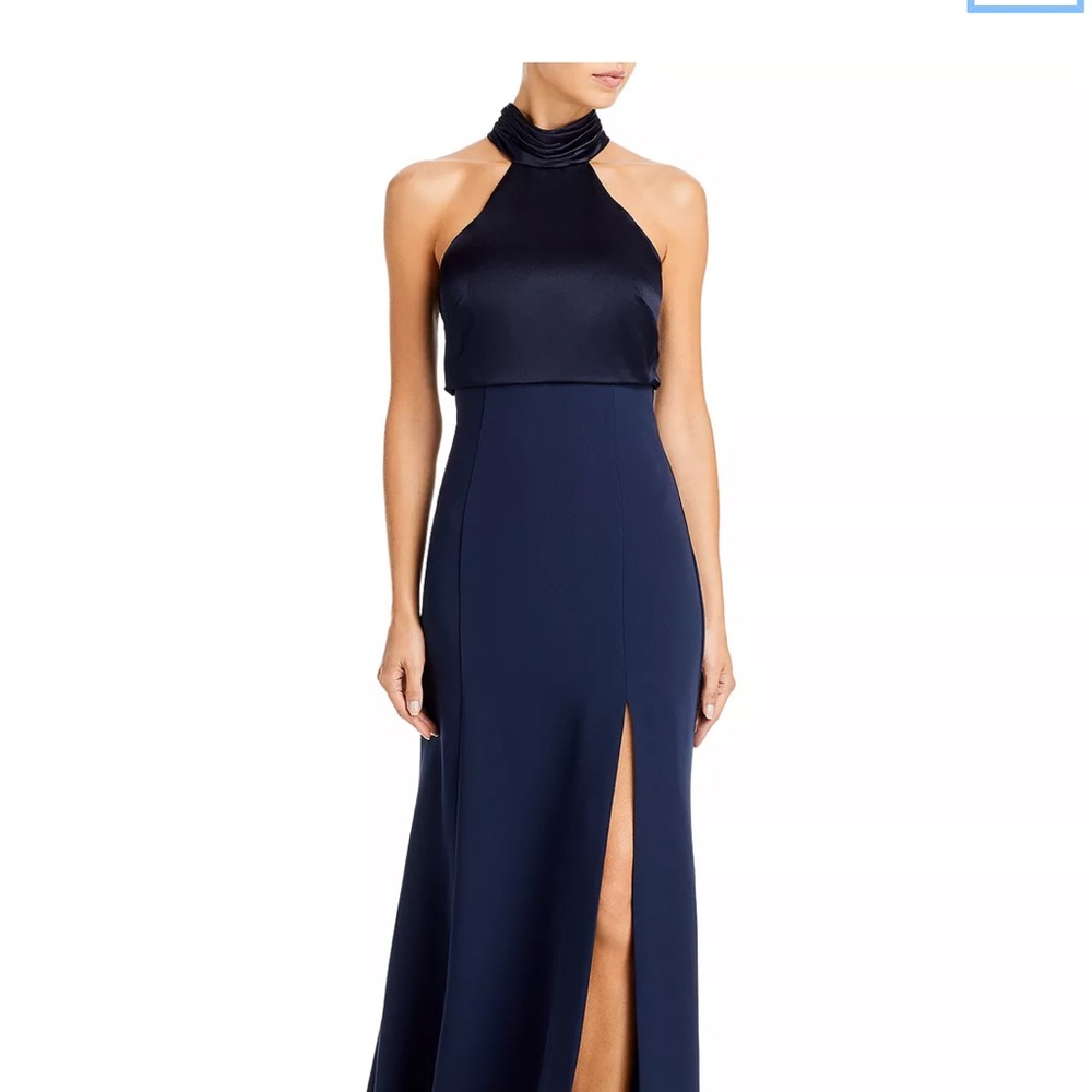 cinq a sept Navy Halter Maxi Gown with Thigh Slit